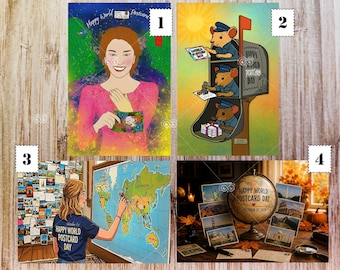May include: A four-part collage featuring illustrations and a photograph related to Happy World Postcard Day. Images include a person holding a postcard, mice working in a mailbox, a person marking a world map, and a globe surrounded by postcards.