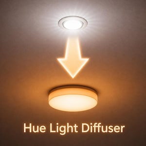 May include: Image showing a ceiling light fixture emitting bright white light, with an arrow indicating a transition to a warm, diffused light. The text "Hue Light Diffuser" is at the bottom.