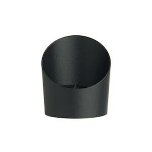 May include: A black, semi-circular metal object with a textured surface. The object has a rounded top and a flat base, with a small, horizontal indentation near the bottom. The design is simple and modern.