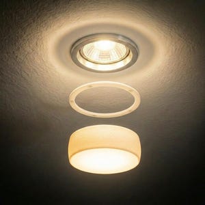 Könnte beinhalten: Eine Einbau-Deckenleuchte mit hellem, fokussiertem Licht. Die Leuchte hat ein kreisförmiges Design mit silberfarbener Einfassung. Darunter befinden sich zwei separate weiße kreisförmige Komponenten und ein zylindrisches Licht.
