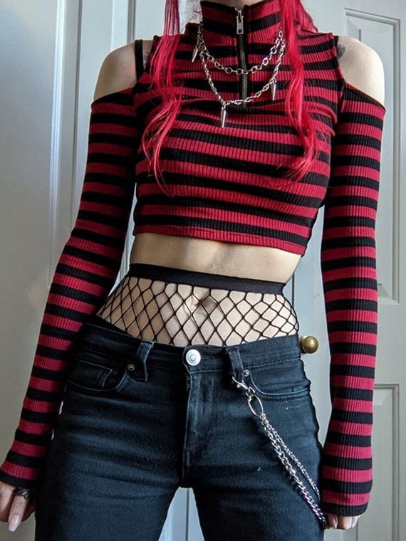 Punk Suéter recortado y cuello con cremallera, manga larga, suéter fuera de  los hombros Ropa punk Ropa grunge Ropa gótica Ropa Emo -  México