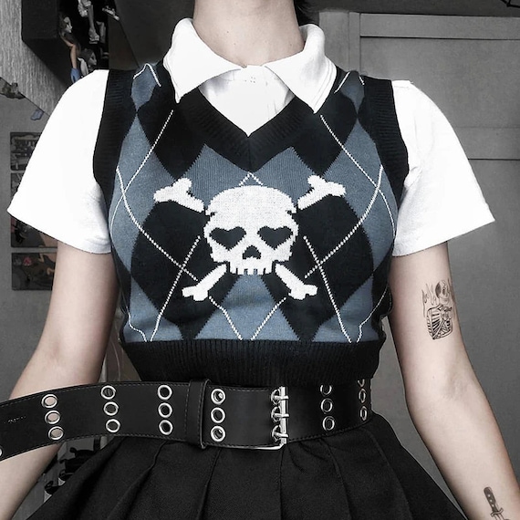 Women's Skull Print & Diamond Pattern, Sleeveless, Sexy Cropped Sweater Gothic  Clothes Punkwear Grunge Egirl Streetwear Harajuku 