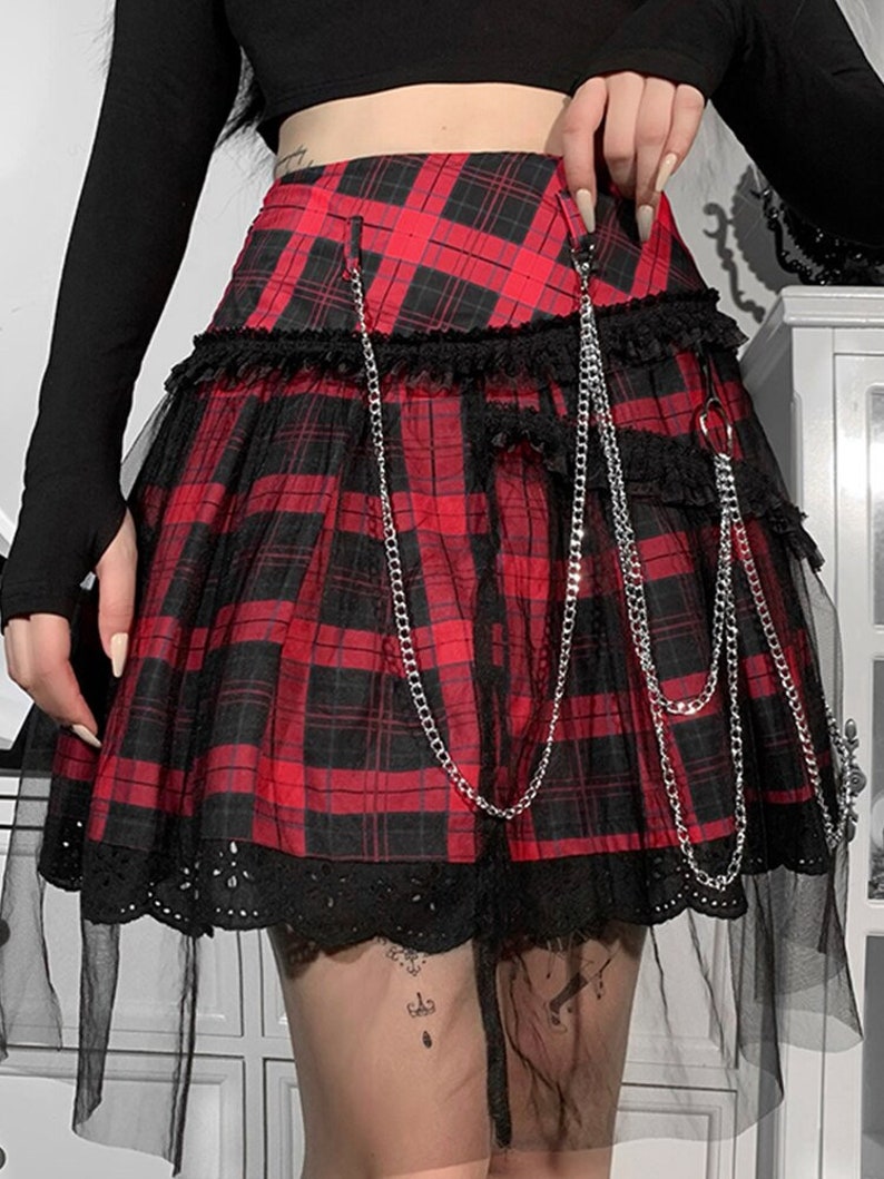 Red Plaid Skirt & Lace and Chain Decoration Pleated Mini Skirt - Egirl - Kawaii Clothing - Lolita - Harajuku 