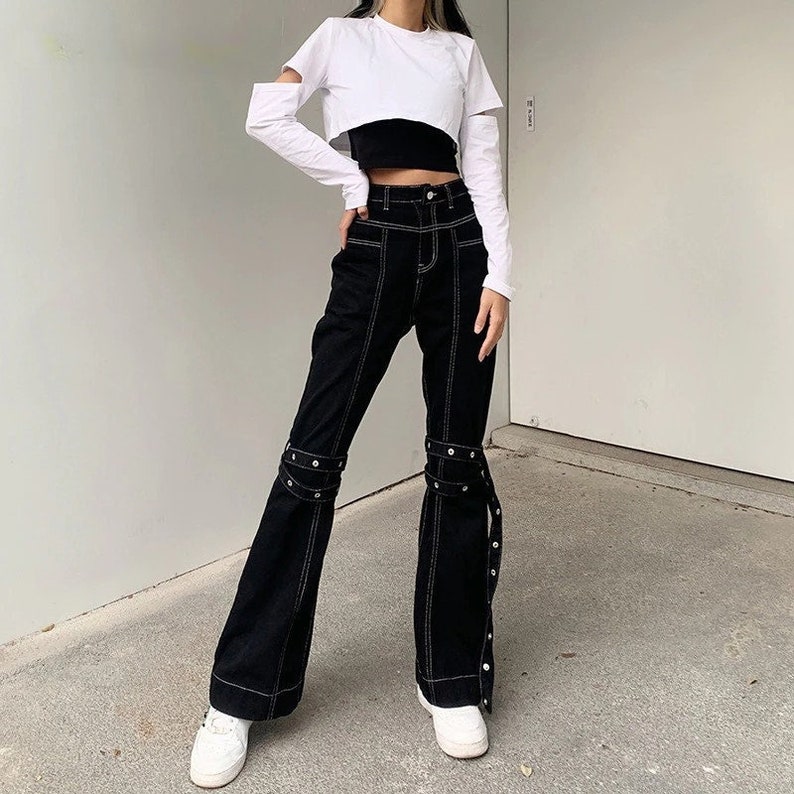 Spliced Decorted With Button & High Waisted, Lace Up Women Jeans / Bandage Decoration with Side Strap / Harajuku / Streetwear / Gothicwear 