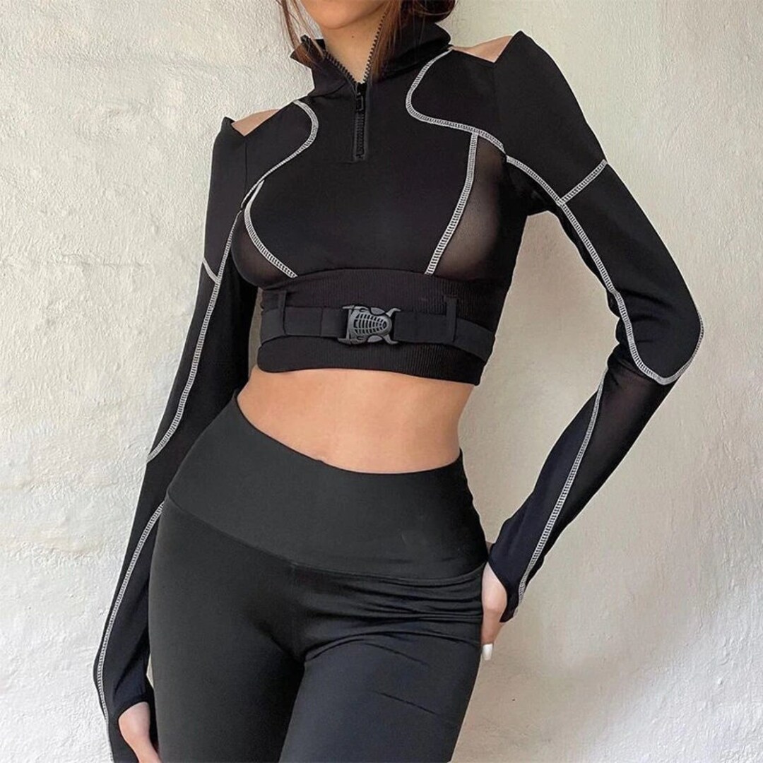 Women's Techwear Mesh Top & Black Buckle Patchwork T-shirt - Etsy