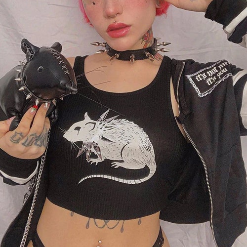 Mouse Printed Gothic Tank Top Crewneck Black Cropped Top Etsy