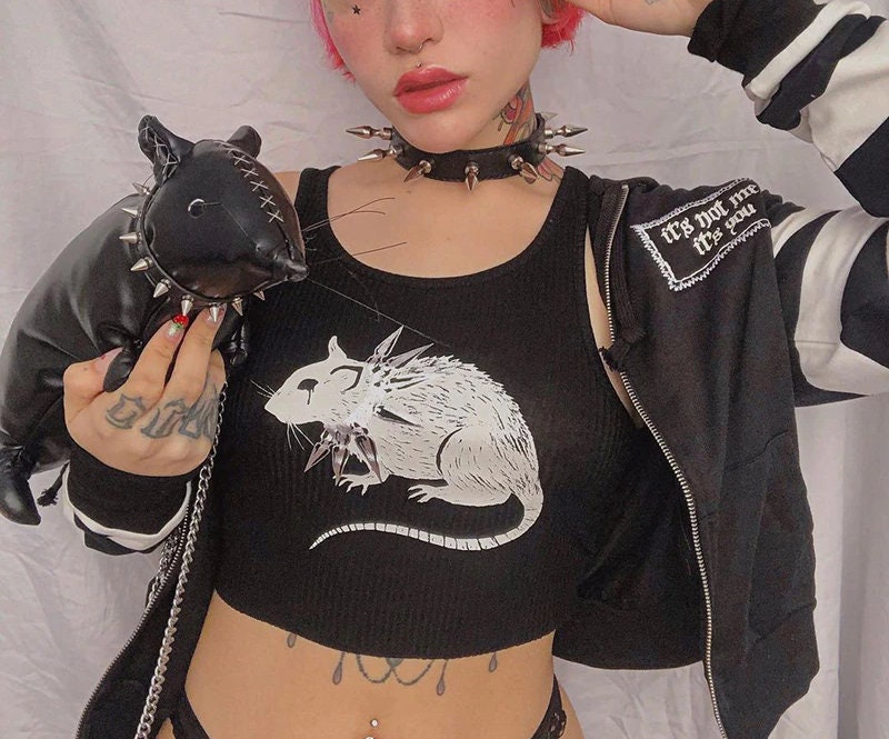 Mouse Printed Gothic Tank Top Crewneck Black Cropped Top Etsy Ireland