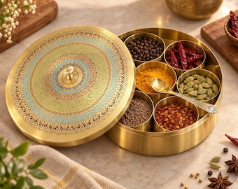 Handcrafted Brass Masala Spice Box, Kitchen Storage/ Wedding gift / Diwali Gift