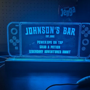 Barra temática de videogame e sinal de salão, bar no porão, nome da família personalizado, bar estabelecido, decoração de parede para casa, acrílico rgb