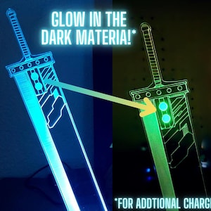 May include: A blue and green glow-in-the-dark sword lamp. The lamp is shaped like a sword with a handle and a blade. The blade is decorated with a pattern of lines and circles. The lamp is lit up, and the light is shining through the blade. "Glow in the dark material!" and "*For additional charge" are written on the image.