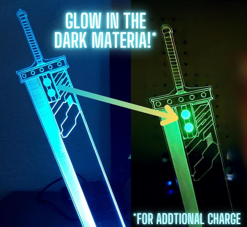 May include: A blue and green glow-in-the-dark sword lamp. The lamp is shaped like a sword with a handle and a blade. The blade is decorated with a pattern of lines and circles. The lamp is lit up, and the light is shining through the blade. "Glow in the dark material!" and "*For additional charge" are written on the image.
