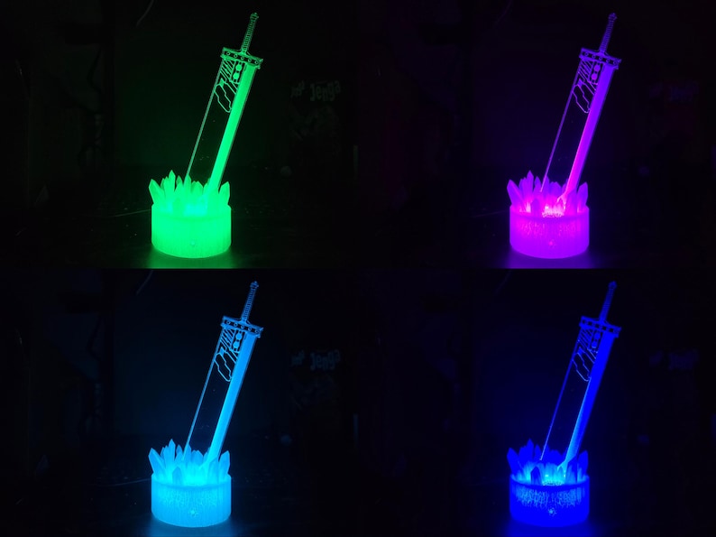 May include: A 3D printed sword with a crystal base, illuminated in four different colours: green, purple, blue, and light blue.