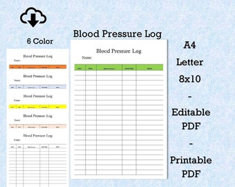 Blood Pressure Log Printable A4 Letter or 8x10. Fillable Pdfs - Etsy India