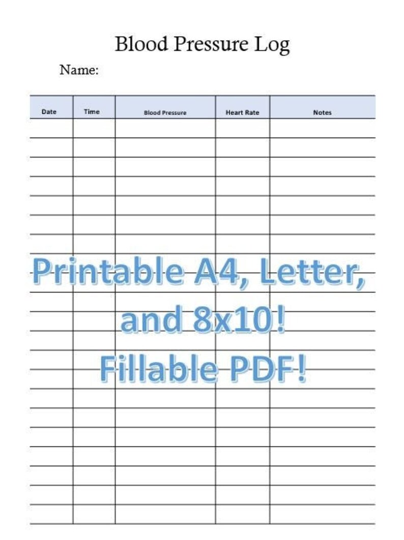 Buy Blood Pressure Log Printable A4, Letter or 8x10. Fillable Pdfs ...