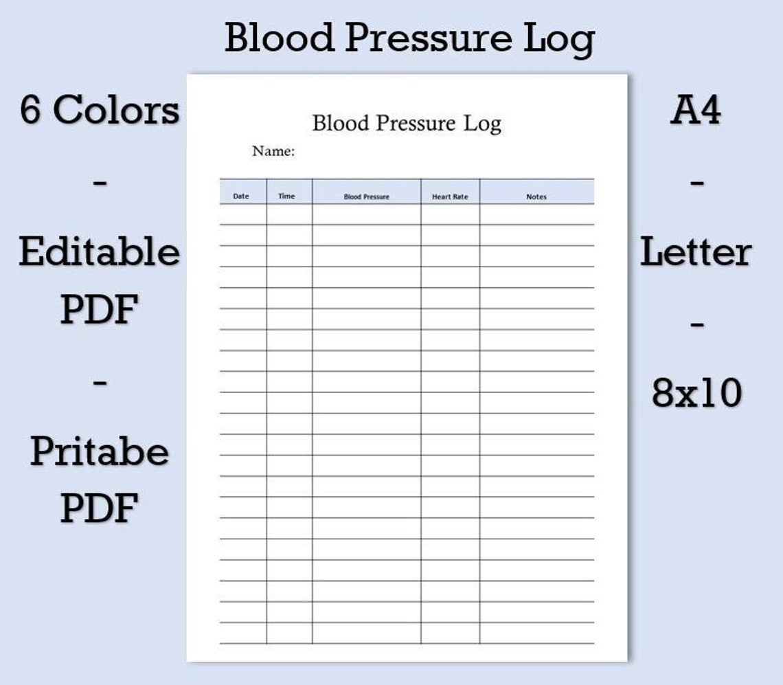 Blood Pressure Log Printable A4 Letter or 8x10. Fillable Pdfs | Etsy