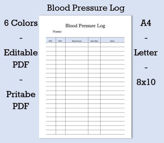 Blood Pressure Log Printable A4 Letter or 8x10. Fillable Pdfs | Etsy