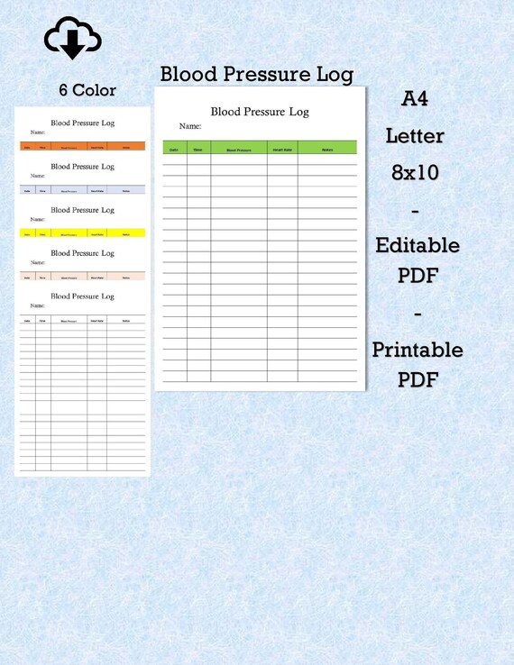 Blood Pressure Log Printable A4 Letter or 8x10. Fillable Pdfs - Etsy India