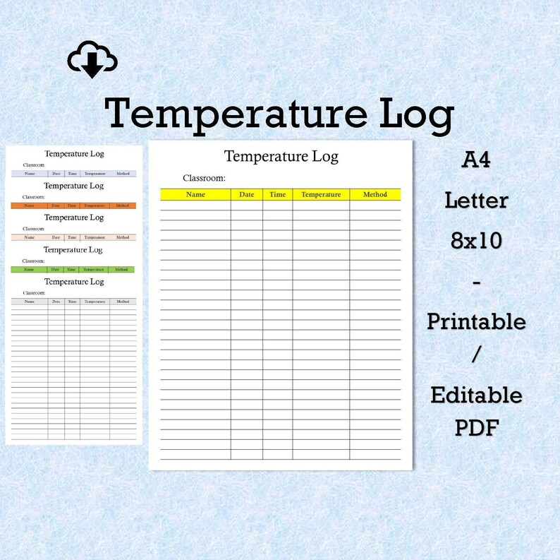 Classroom Temperature Log, 6 Color, Daycare, School Classroom, PDF Temperature Log, A4, Letter