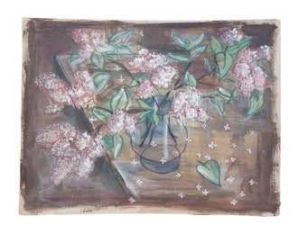 Rara pintura original firmada de Oren Parker a bordo de una cesta de lilas 1951