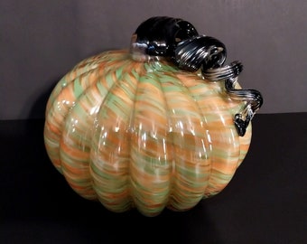 Grande citrouille d'art en verre verte et orange avec tige noire, décoration d'Halloween automne