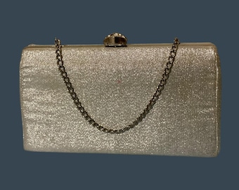 Bolso de mano vintage elegante de plata metalizada con correa de cadena, bolso de noche.