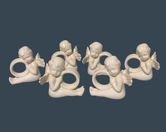 Set Of 6 White Ceramic Cherub Angel Baby Napkin Rings Whimsigoth