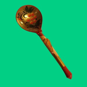 Vintage Russian Folk Art Khokhloma Ladle Spoon Wood Hand painted Lacquer