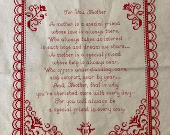 vintage fête des mères broderie point de croix poème sentimental rouge et blanc