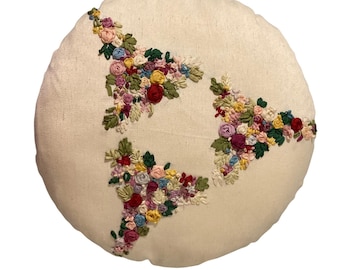 Round Embroidered With Ribbon Floral Cushion Throw Pillow