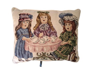 Vintage Victorian Doll Tea Party Tapestry Pillow