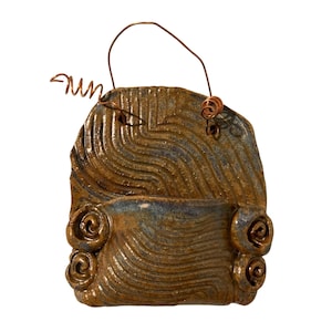 Studio Art Pottery Blue And Brown Wall Pocket With Copper Hanger Signed JMS