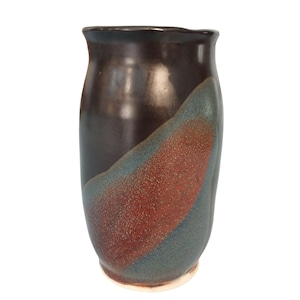 Studio Pottery Vase Schwarz Blau Rote Glasur Eulenzeichen