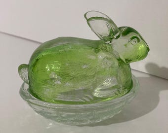 Green Glass Bunny Rabbit on Nest Covered Candy Trinket Dish Easter Decor