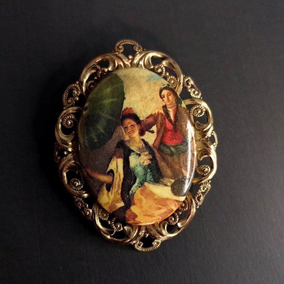 Broche Vintage Peinte Laiton - Occasion Bon état - Décoration Unique Signée