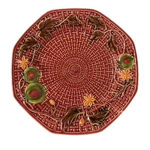 Vintage Majolica Basket Weave Burgundy Pinkish Red Plate With Fruit And Leaves