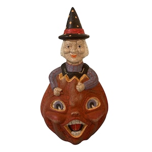 Folk art Halloween Witch in Double Sided Pumpkin Terracotta Crackle Finish