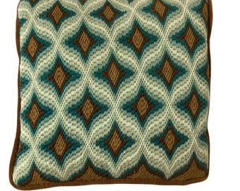 Bargello Needlepoint Teal And Brown Decorative Throw Pillow Velvet Back