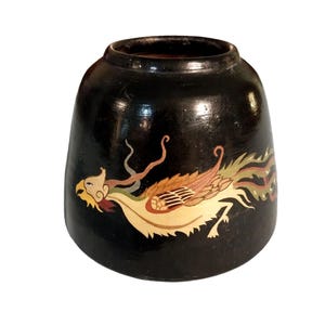 Antik japansk drake Phoenix svart lack på trä liten vas kruka