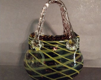 Fifth Avenue Crystal Art Glass Purse Vase Tortoise Shell & Criss Cross Pattern