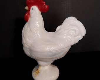 Vintage Westmoreland lait verre poulet coq plat couvert piédestal sur nid