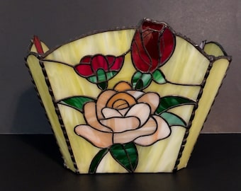 Buntglasschale oder Pflanzgefäß, signiert vom Künstler, Blumen, Rosen, Schlackenglas im Vintage-Stil