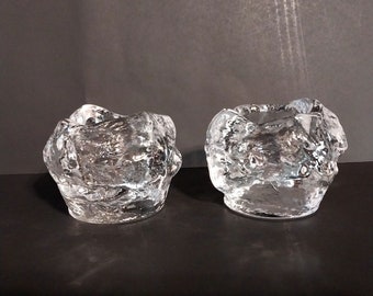 Vintage Kosta Boda Ice Snowball Candle Holder Sweden Heavy Crystal Set of 2