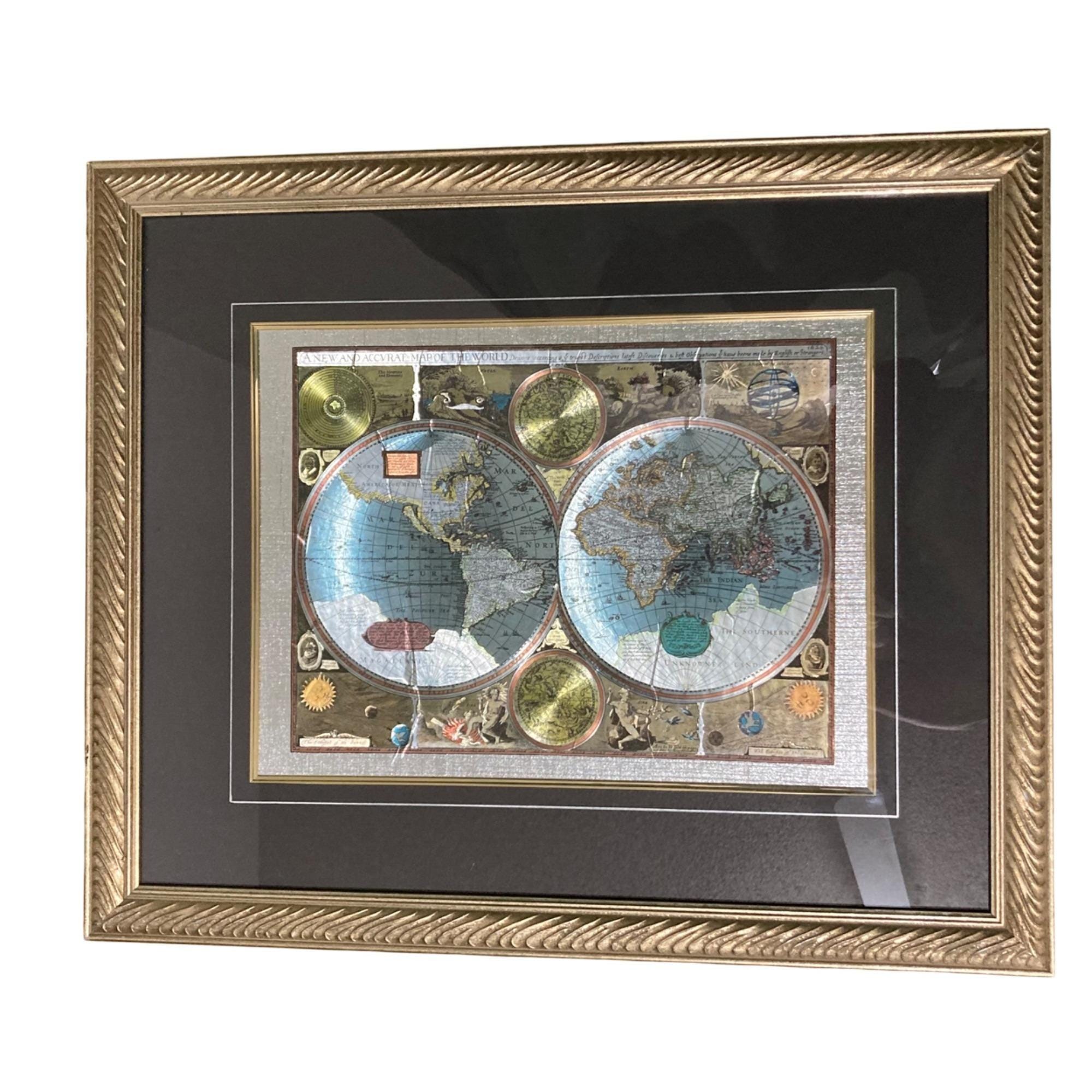 A NEW ACCVRAT MAP OF THE WORLD／USA製／レア Vintage A New and Accvrat Map of the World Print Framed Foil Art