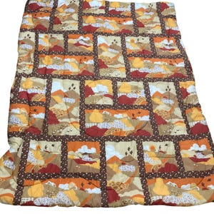 Vintage 1970's Design Comforter With Autumn Scenic Patchwork Pattern 83"x63"