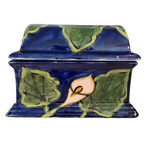 Vintage Talavera Pottery Box With Lid Blue Calla Lill… Gem