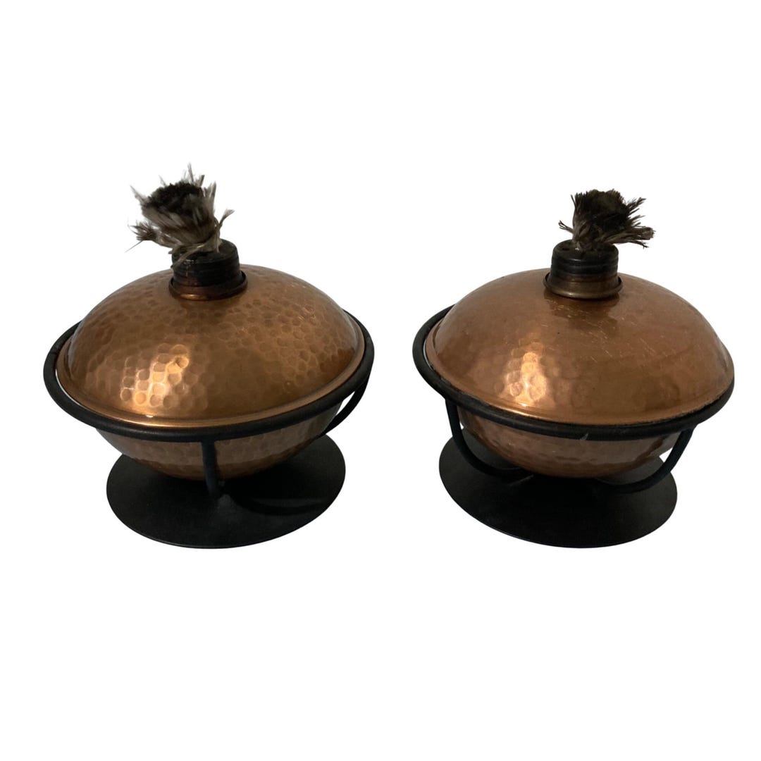 Vintage Hammered Washed Copper Oil Lamps With Black Metal Stands - Etsy