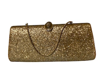 Bolso de mano vintage de noche dorado brillante con correa de cadena y cierre de diamantes de imitación