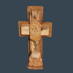 Cross Holy Water Font Candle Holder Reclaimed Wood Large Heavy Signed By Artist