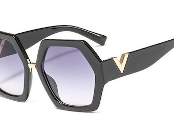 特大の幾何学的なサングラス 六角形のサングラス ユニセックスサングラス、パープルサングラス、ブラックサングラス、色付きレンズ、クリスマスギフト