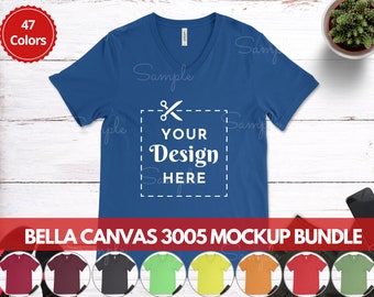 Paquete de maquetas Bella Canvas 3005, cuello en V Bella Canvas, maqueta Bella Canvas negro blanco azul, maqueta de camiseta Bella Canvas, maqueta FLatlay BC3005